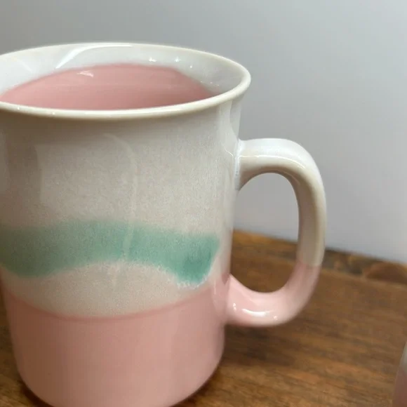 Vintage 80’s Stoneware Mugs Set Of Two Pink Mint Green & Cream In Colour - Picture 11 of 11